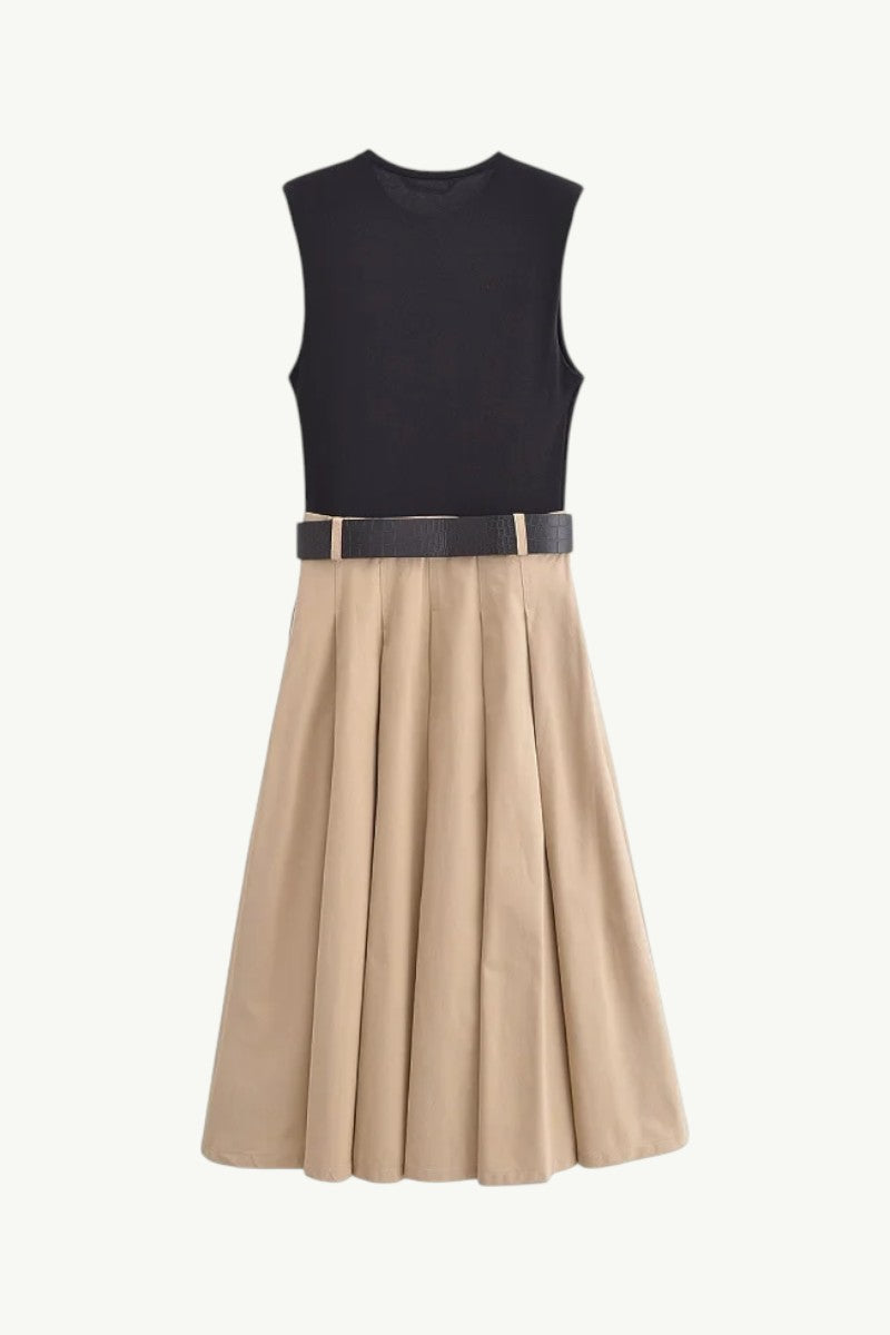 Sleeveless Pleated Midi Dress with Belt