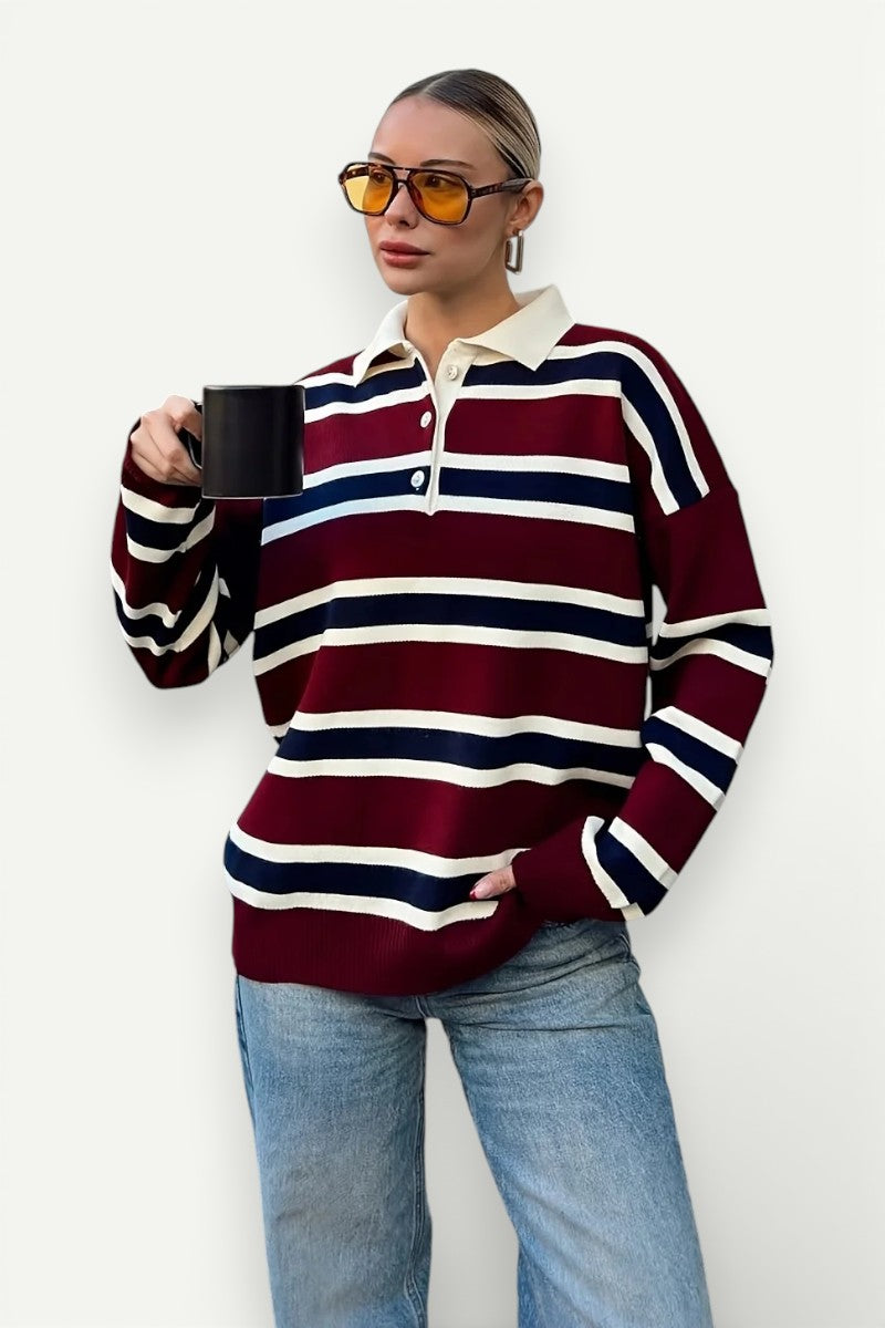 Retro Color-Block Striped Polo Sweater