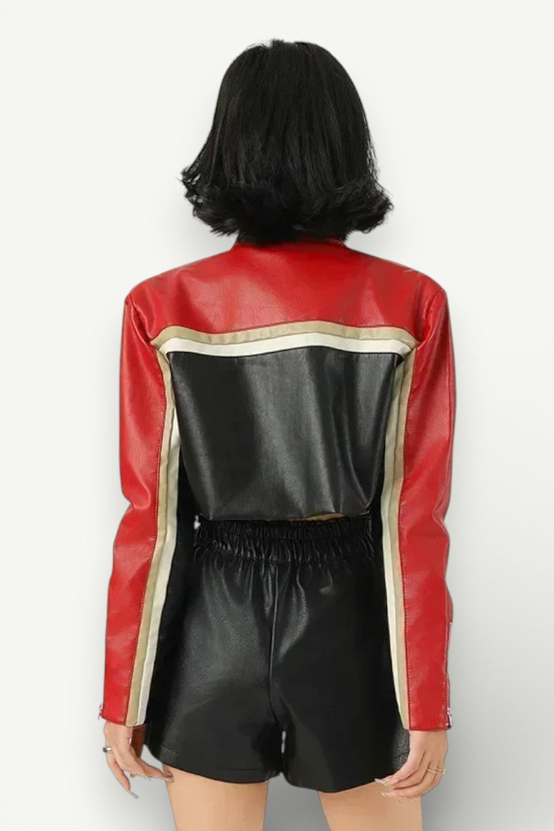 Punk Color-Block Crop Biker Jacket