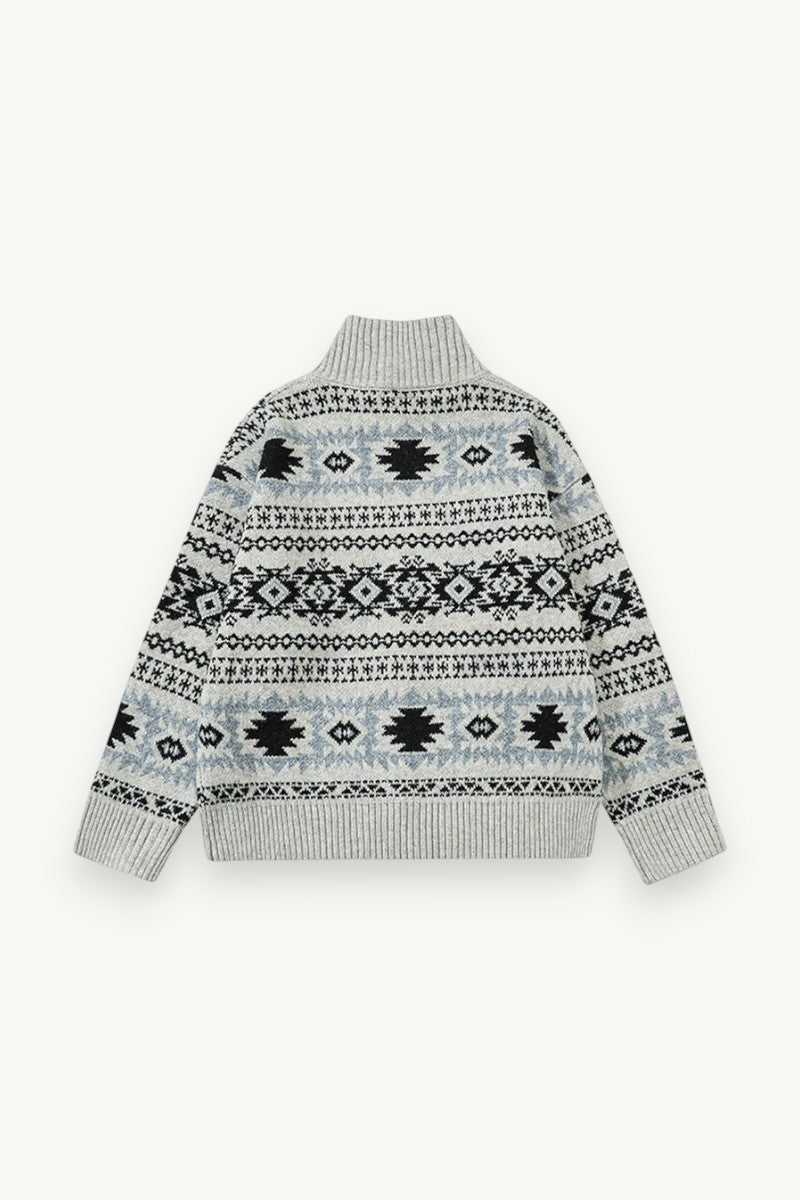 Vintage Geometric Zip-Up Knit Sweater