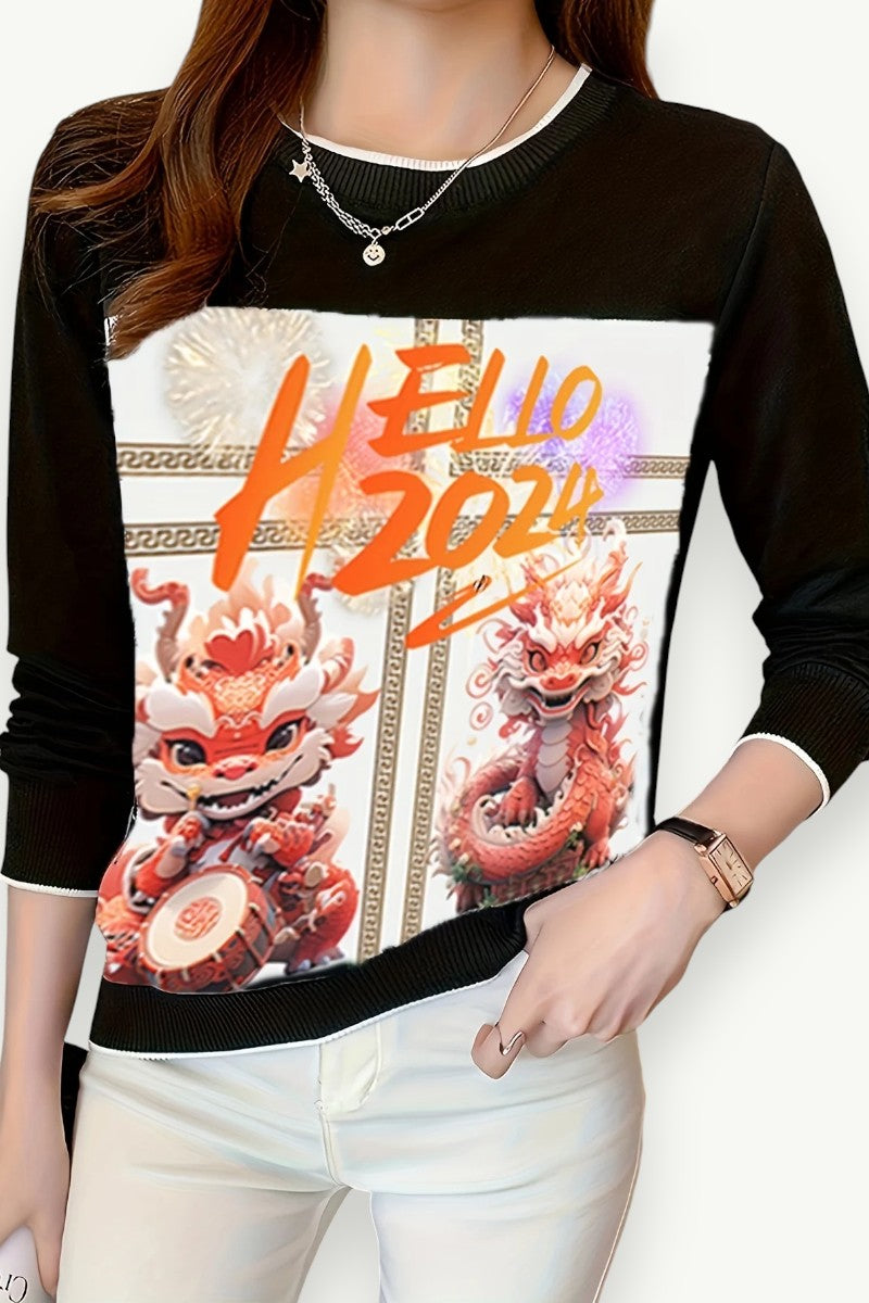 Printed Long-Sleeve Casual T-Shirt