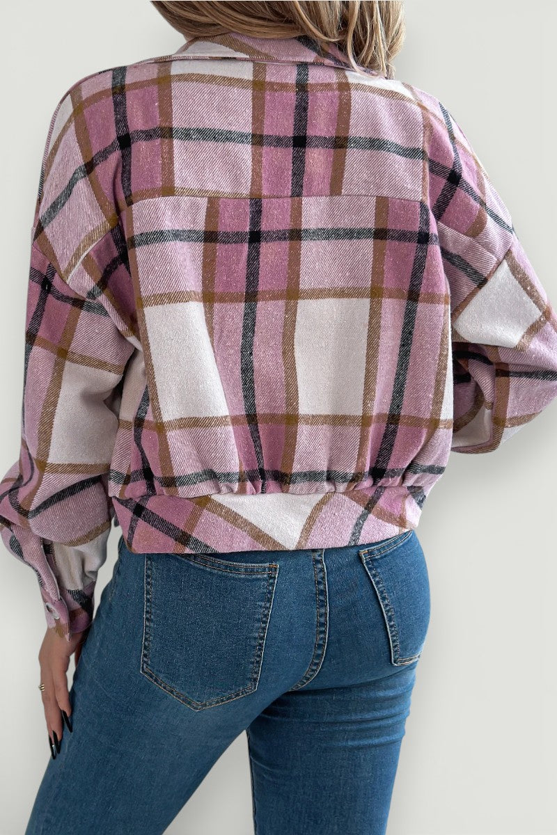 Plaid Cropped Lantern-Sleeve Jacket