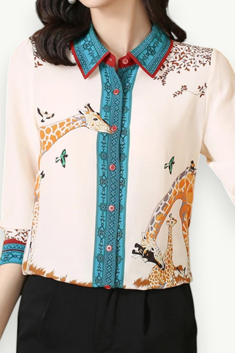 Giraffe Print Satin Long-Sleeve Blouse