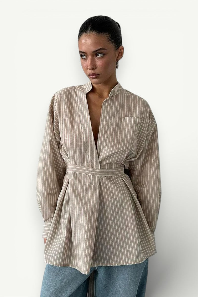 Vintage Stripe Stand-Collar Shirt