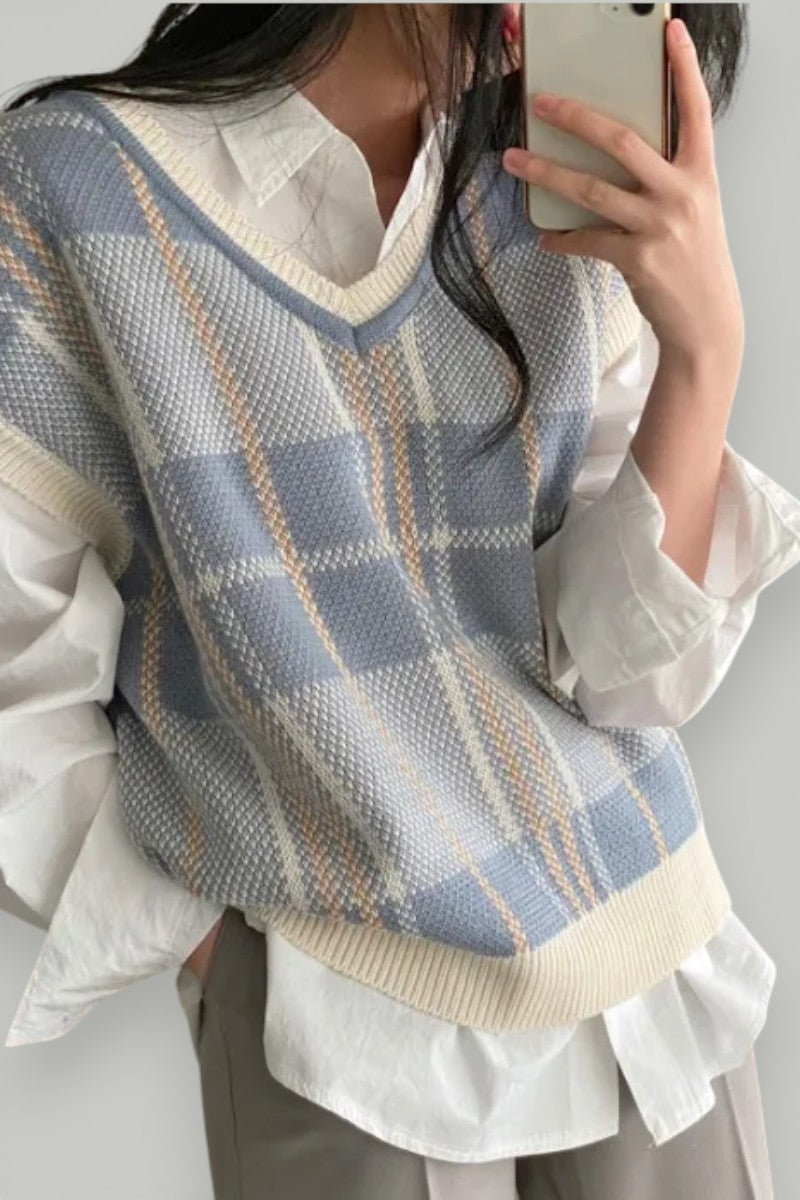 Vintage Plaid V-Neck Knit Sweater Vest