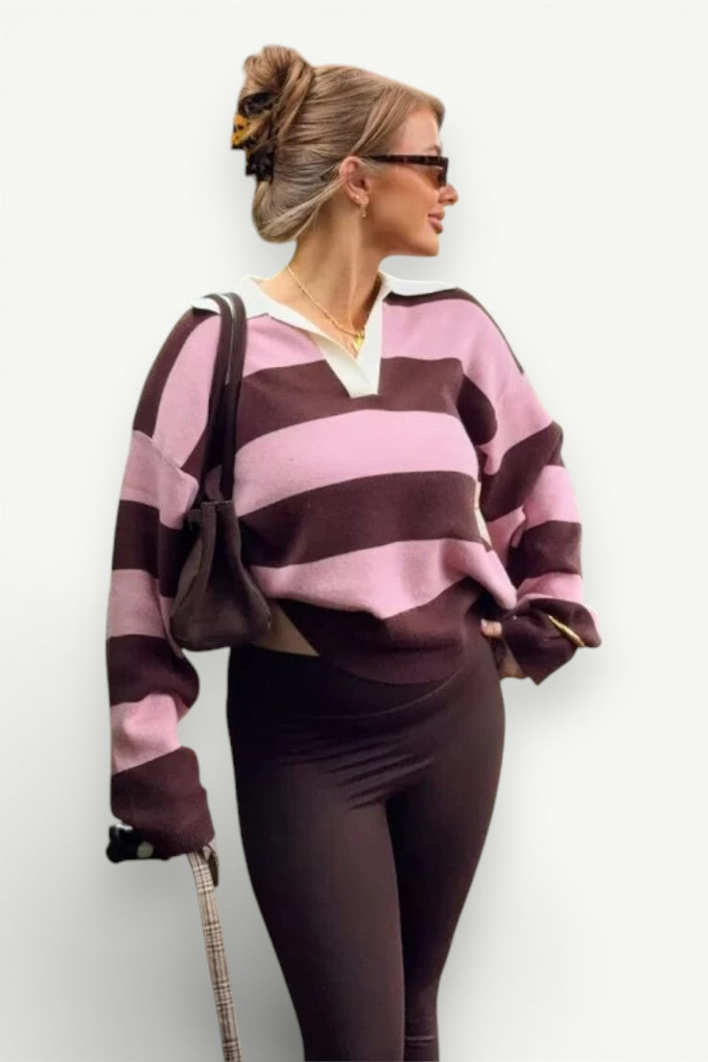 Wide Stripe Polo-Neck Knit Sweater