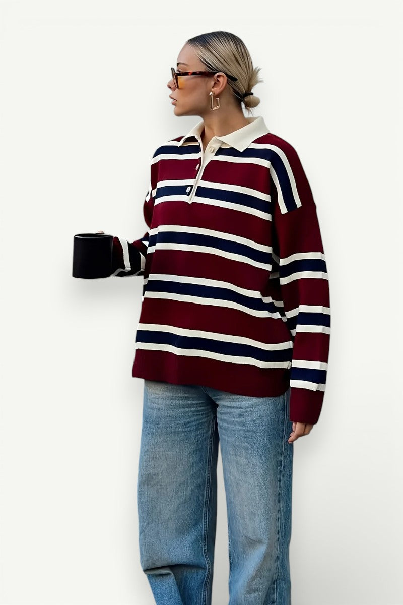 Retro Color-Block Striped Polo Sweater