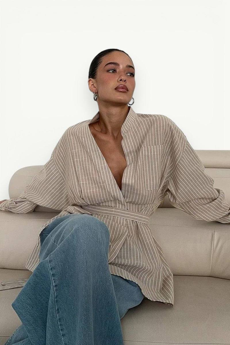 Vintage Stripe Stand-Collar Shirt