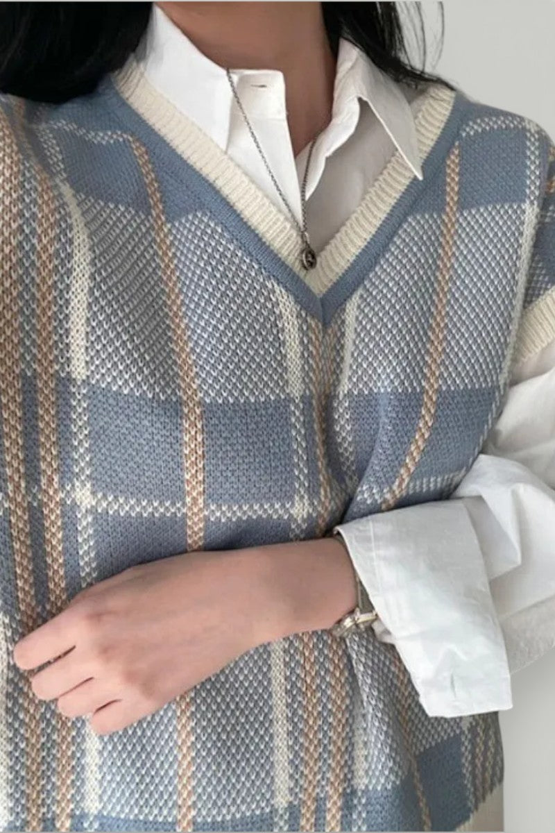 Vintage Plaid V-Neck Knit Sweater Vest