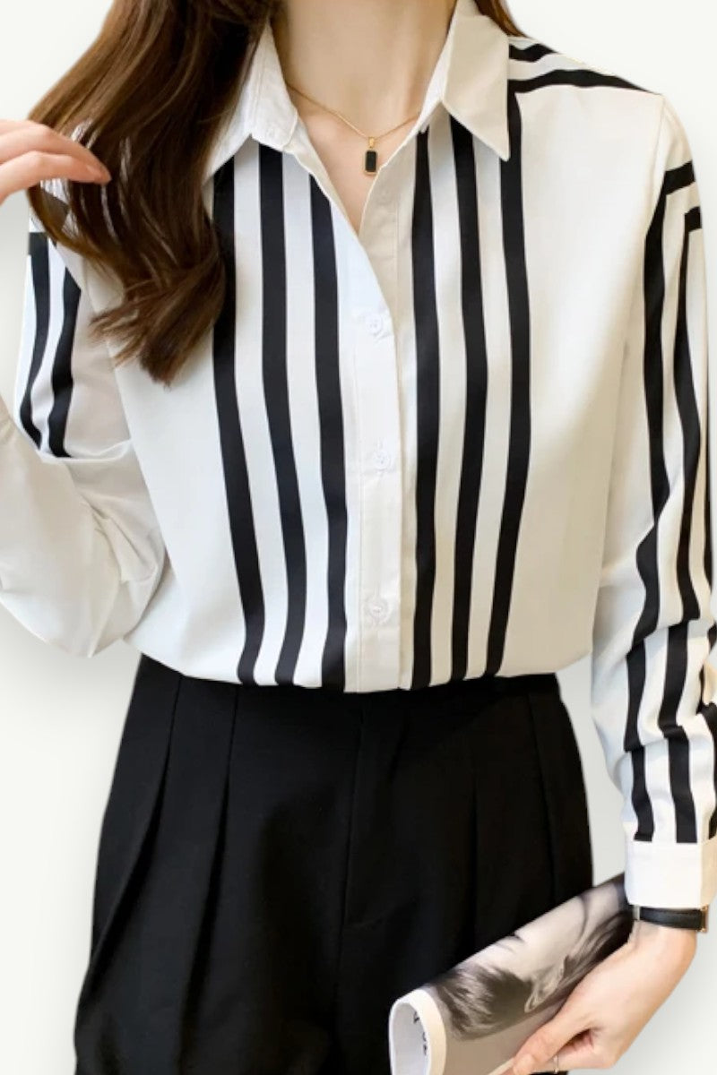 Printed Striped Long-Sleeve Work Blouse