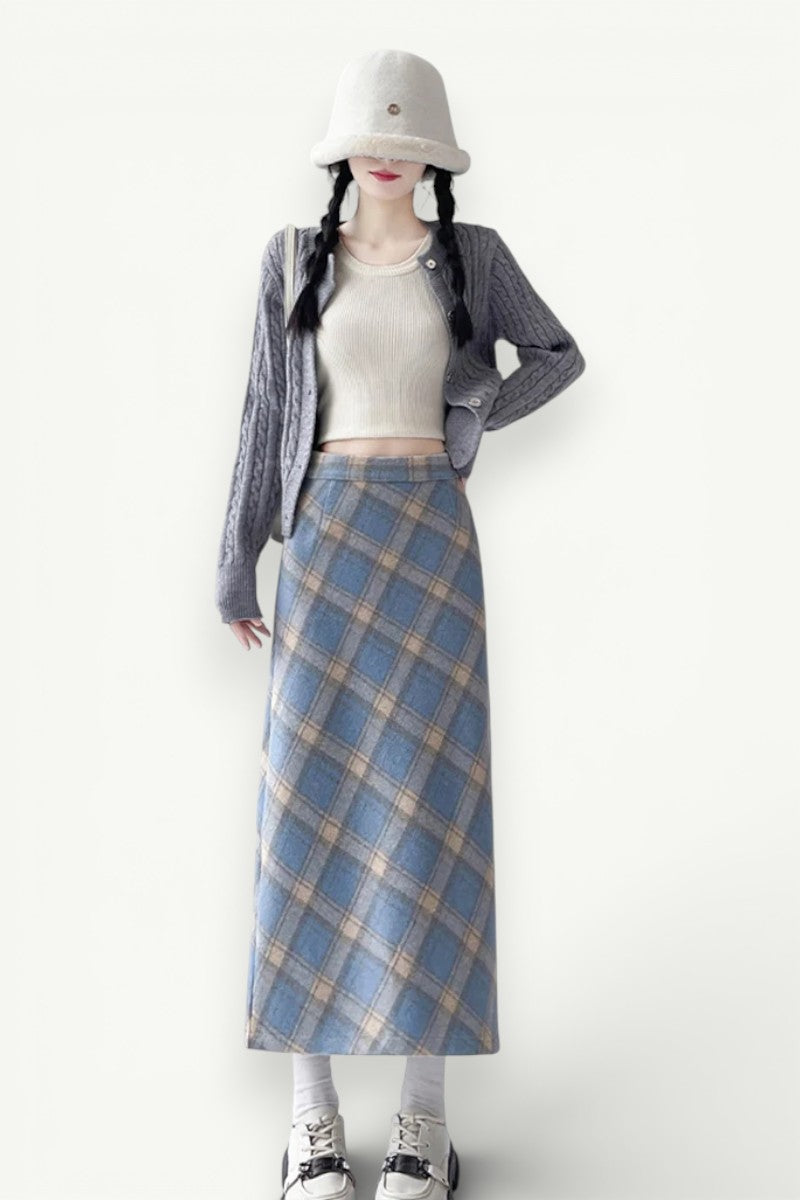Plaid High-Waist A-Line Long Skirt