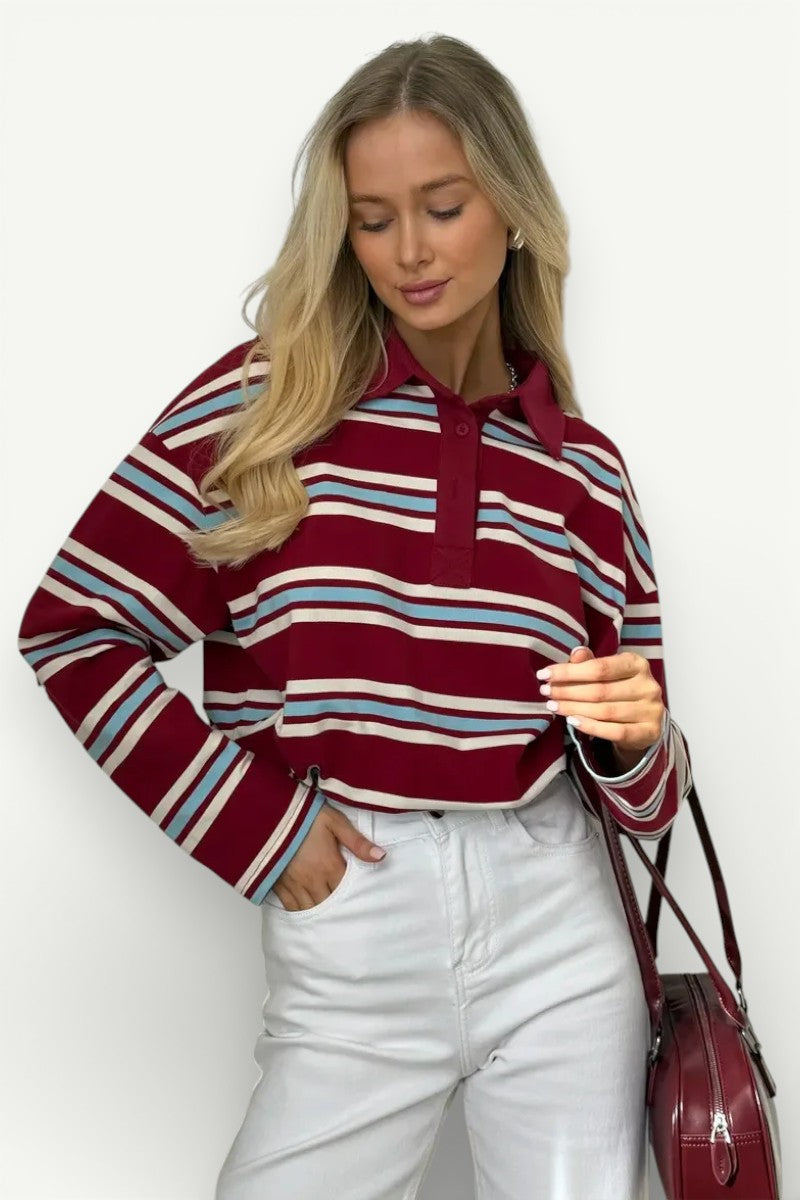 Oversized Striped Long-Sleeve Polo Top