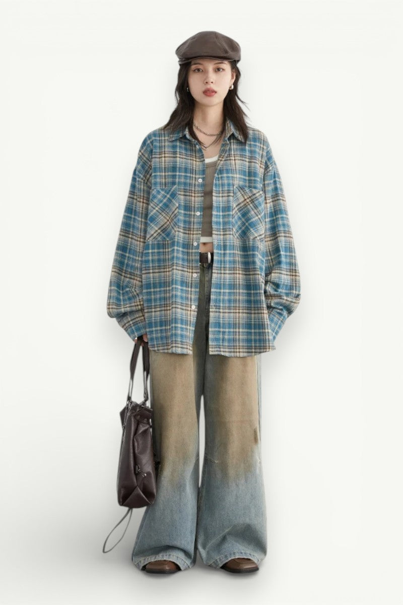 Retro Colour-Block Grid Cotton Shirt