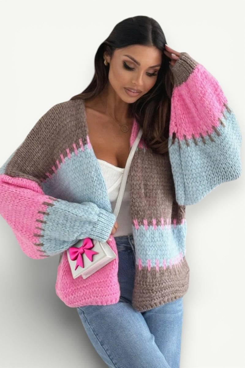 Contrast Patchwork Lantern-Sleeve Knit Cardigan