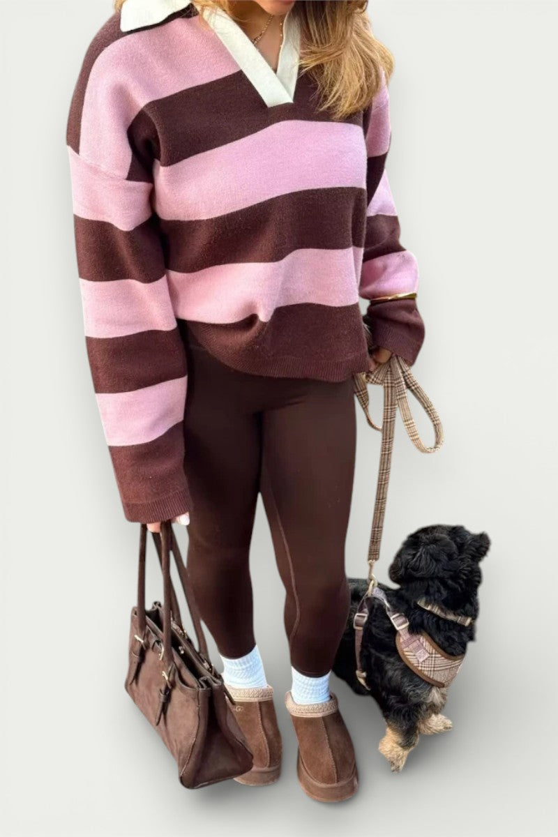 Wide Stripe Polo-Neck Knit Sweater