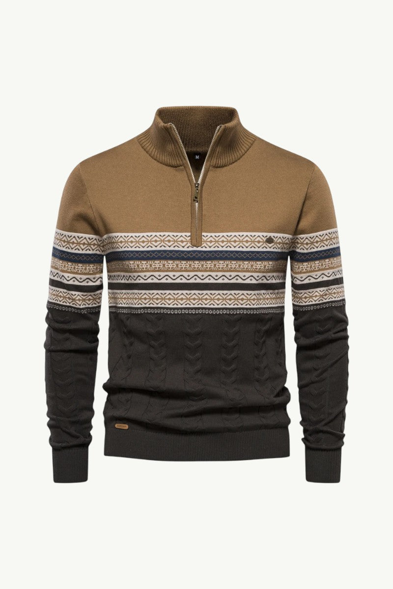 Ethnic Pattern Zip-Neck Winter Sweater