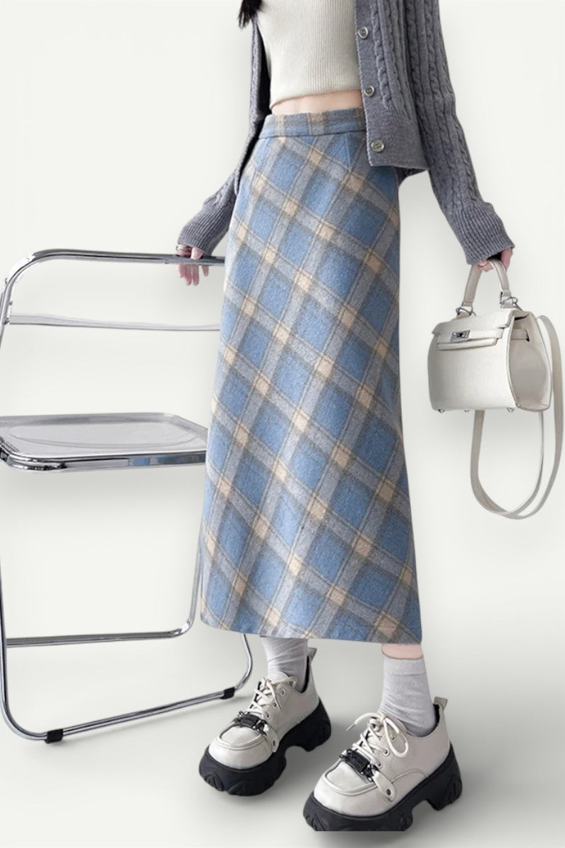 Plaid High-Waist A-Line Long Skirt