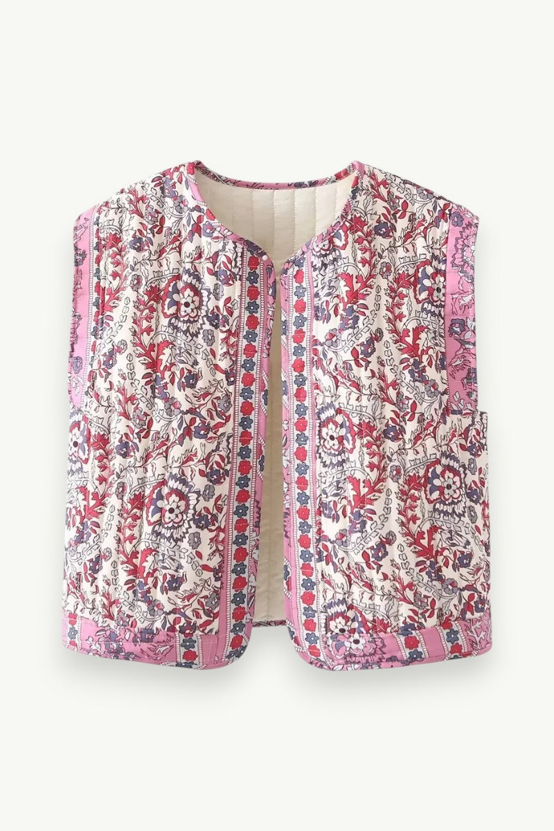 French Retro Printed Quilted Sleeveless Vest
