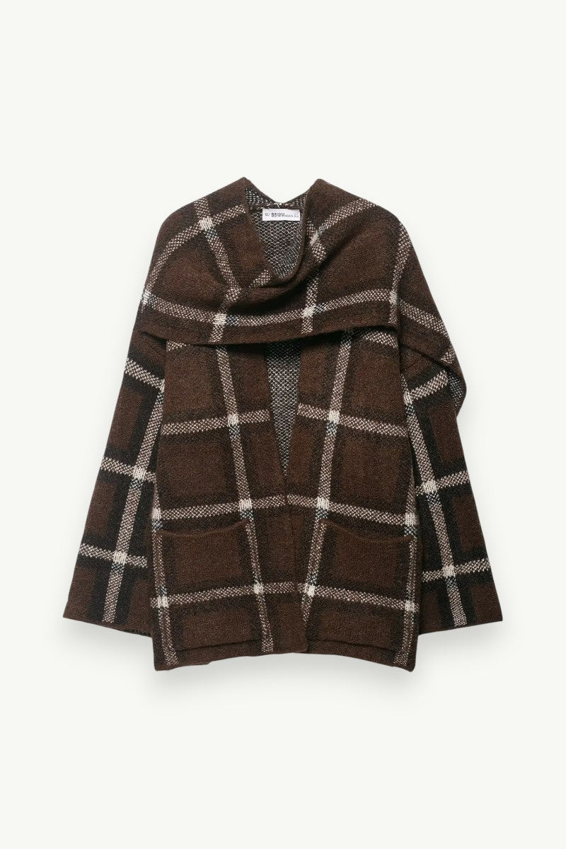 Plaid Knit Scarf-Collar Cardigan