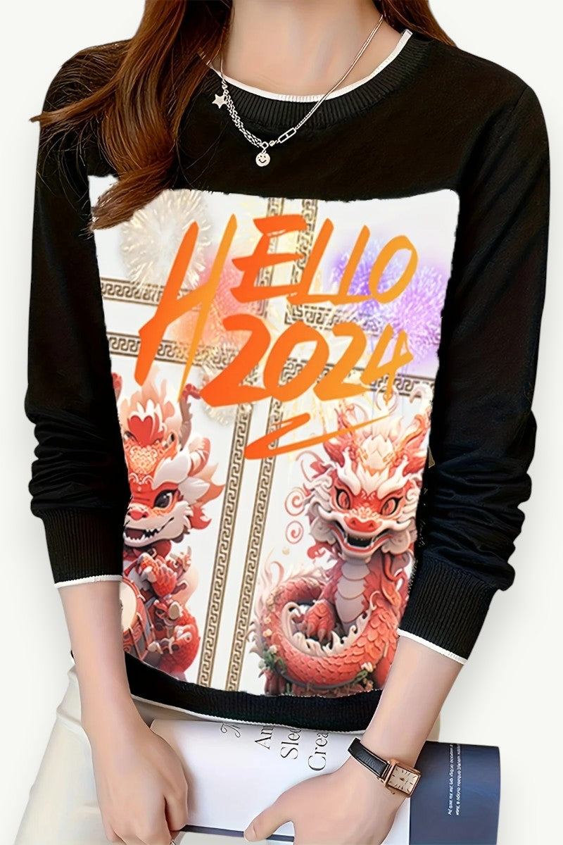 Printed Long-Sleeve Casual T-Shirt