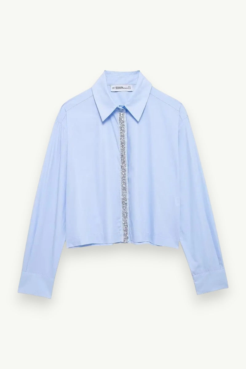 Chic Crystal-Detail Blue Blouse