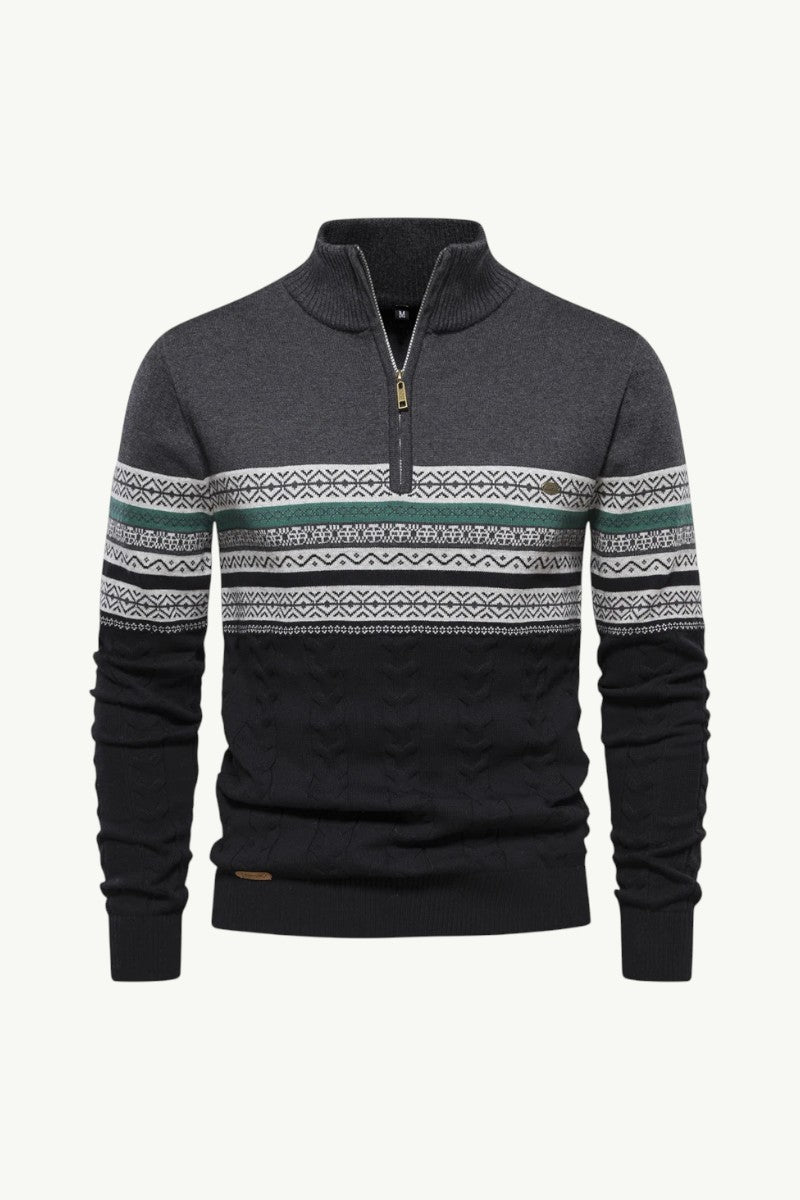 Ethnic Pattern Zip-Neck Winter Sweater
