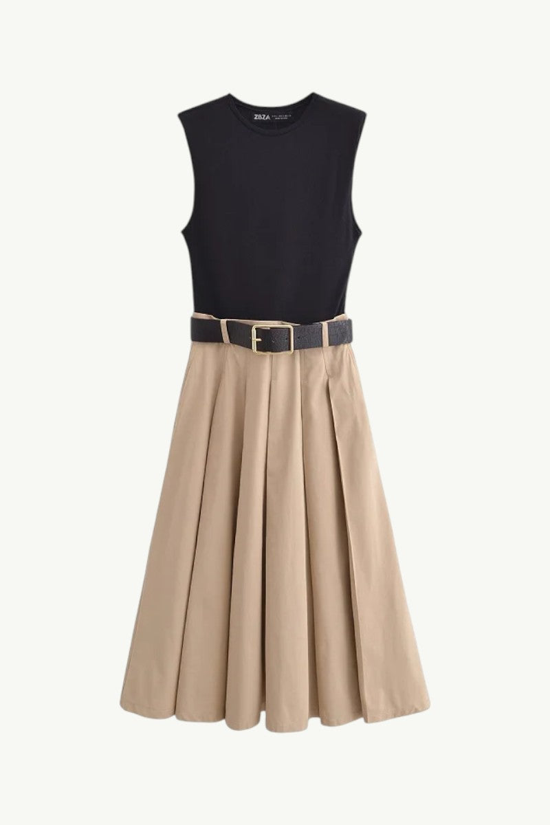 Sleeveless Pleated Midi Dress with Belt