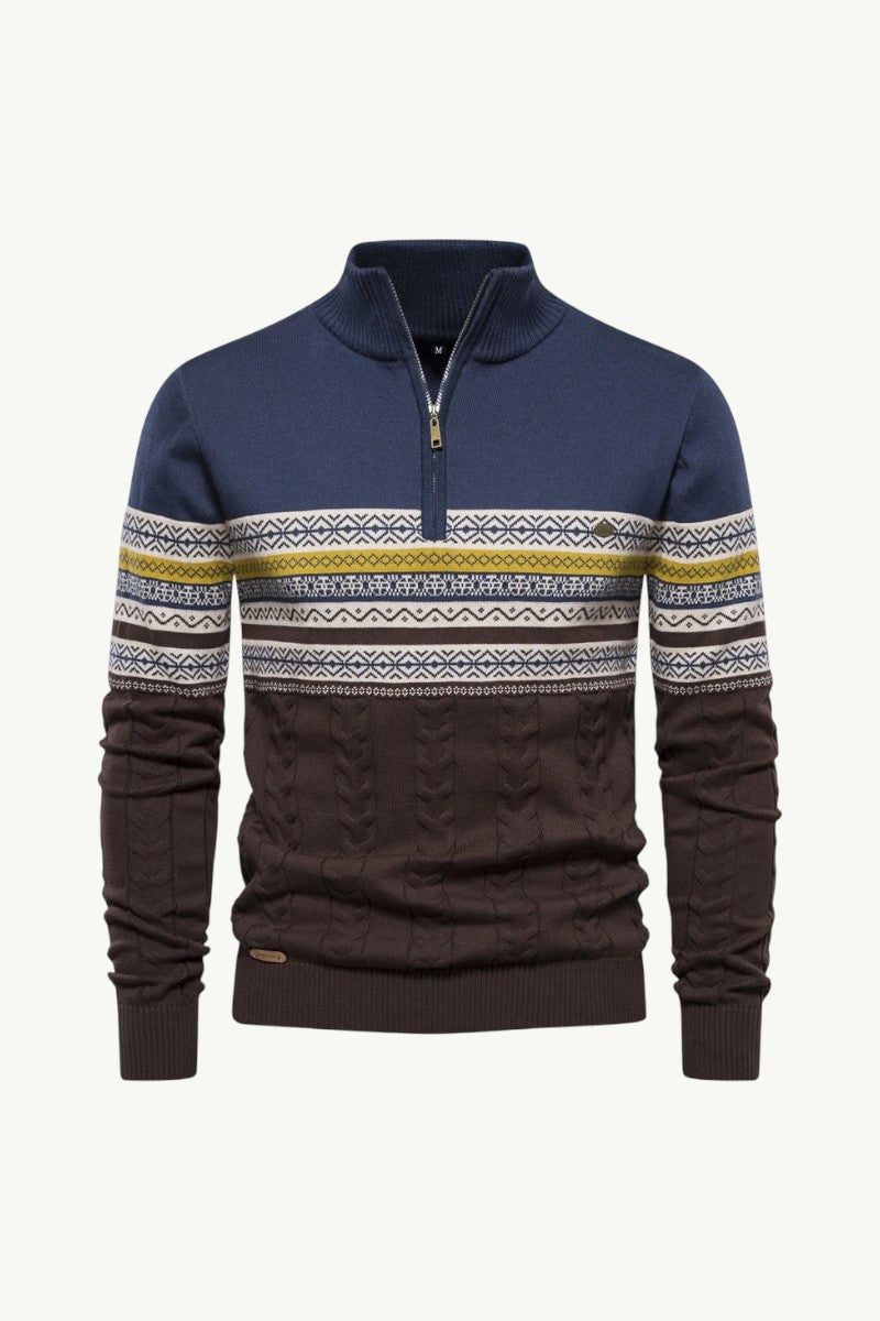 Ethnic Pattern Zip-Neck Winter Sweater