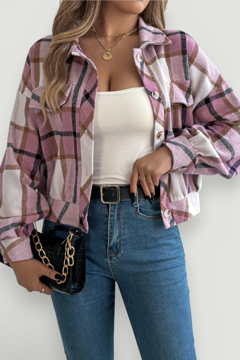 Plaid Cropped Lantern-Sleeve Jacket