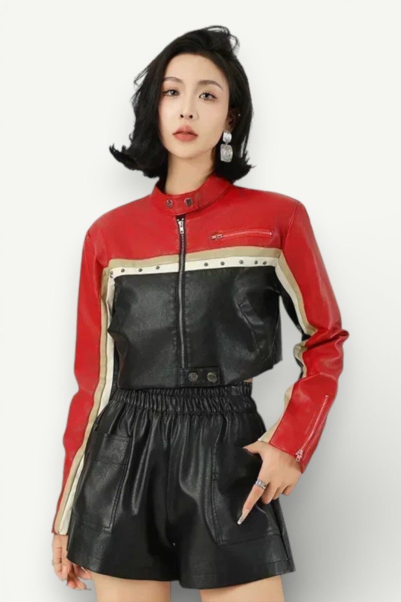 Punk Color-Block Crop Biker Jacket