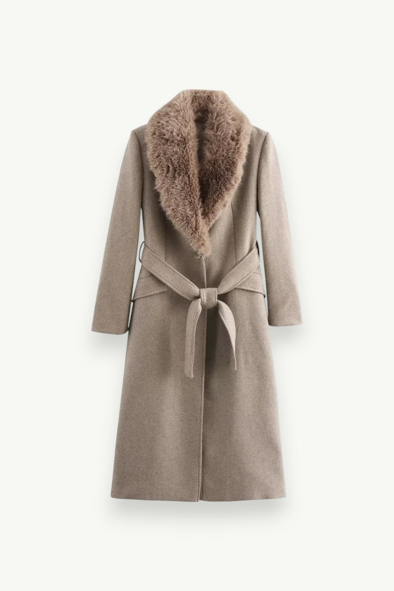 Belted Fur-Collar Long Coat