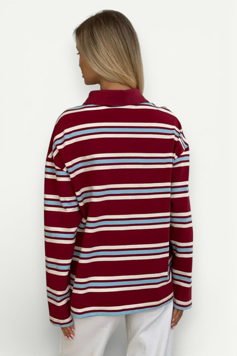 Oversized Striped Long-Sleeve Polo Top