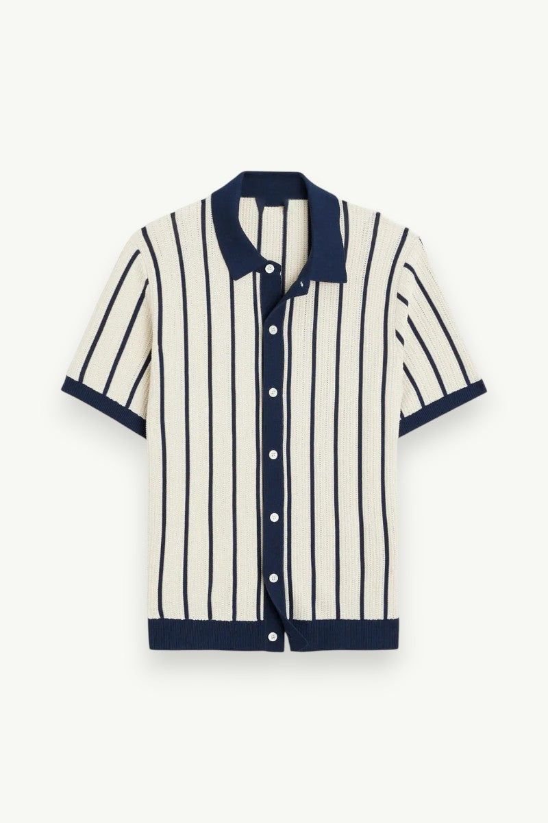 Striped Knit Patchwork Polo Shirt