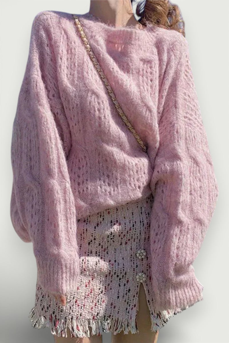 Soft Pink Hollow-Knit Sweater