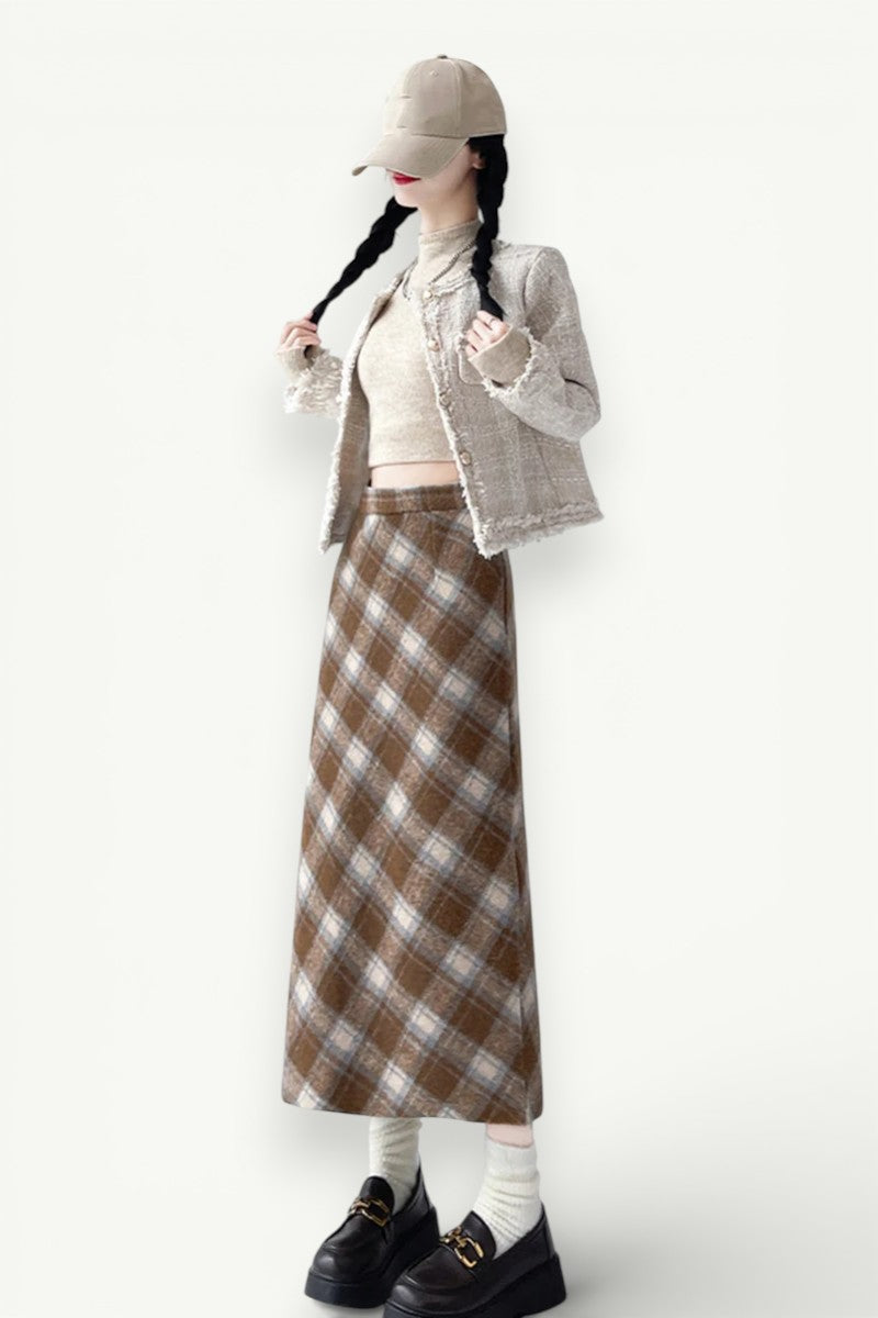 Plaid High-Waist A-Line Long Skirt