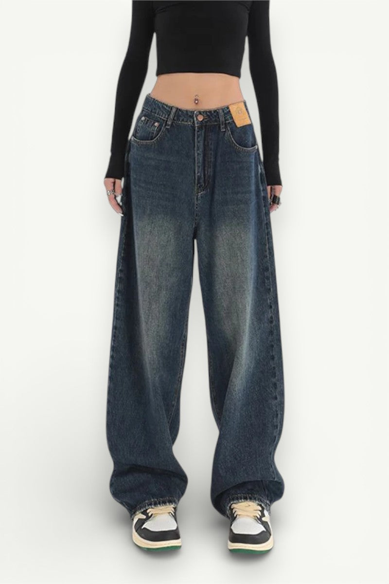 Retro Preppy High-Waist Baggy Jeans
