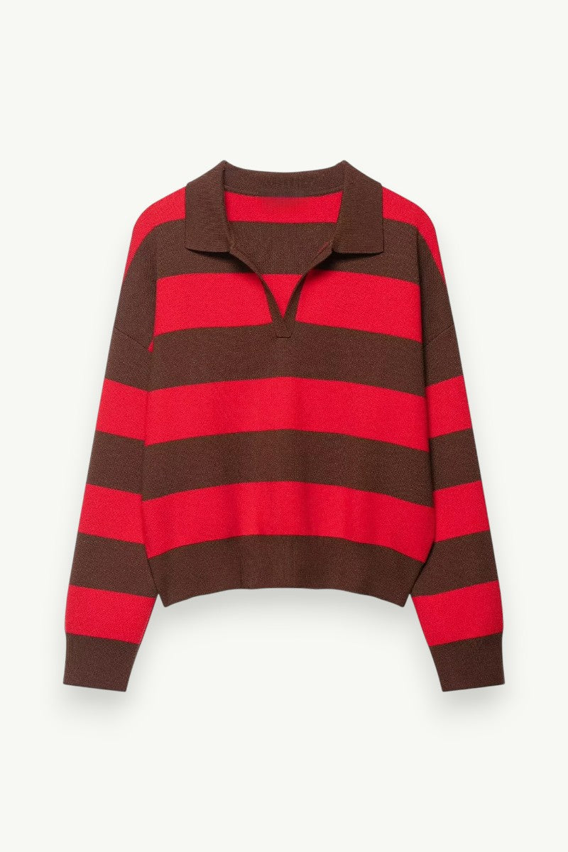 Contrast Stripe Polo-Collar Knit Sweater