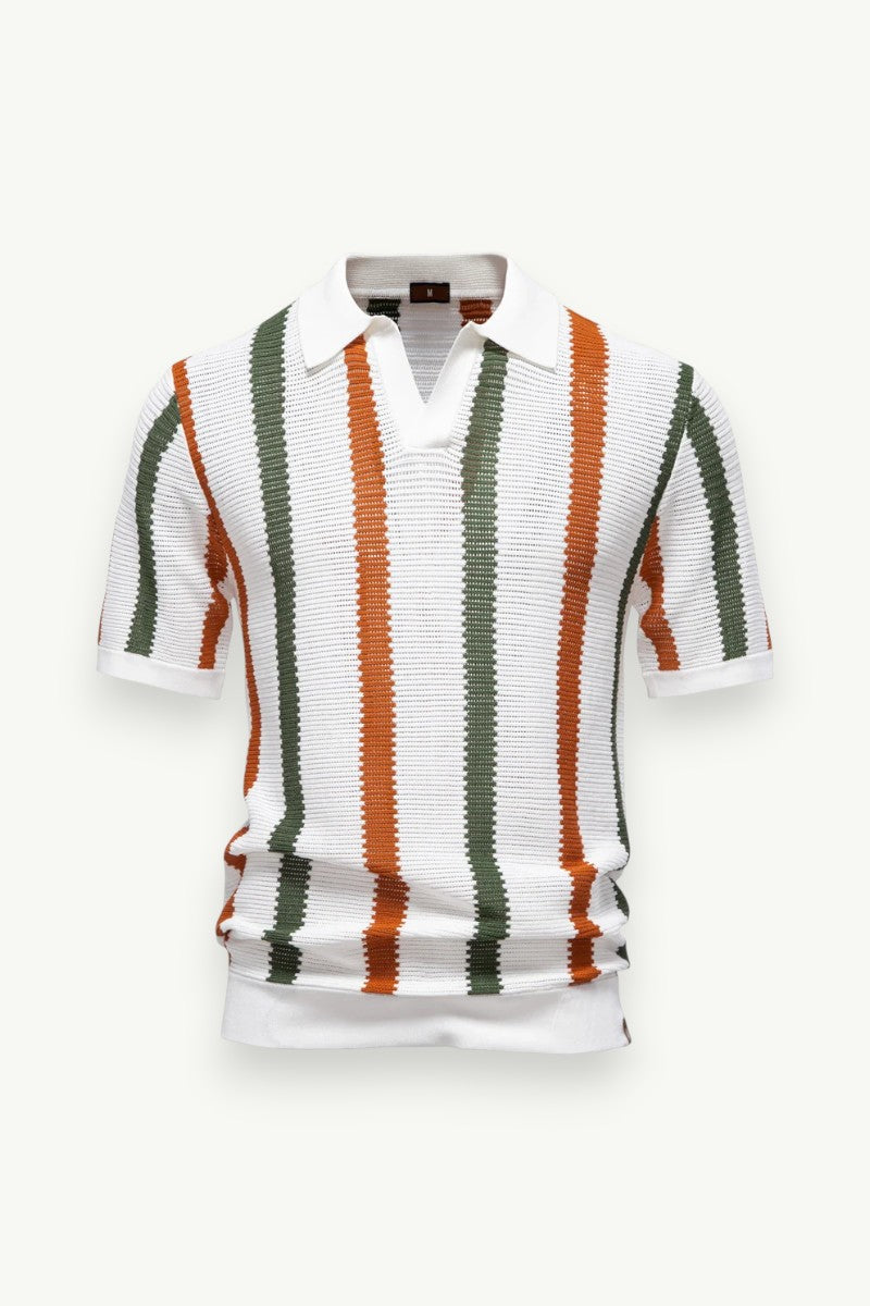 Ribbed Knit Striped Polo Shirt