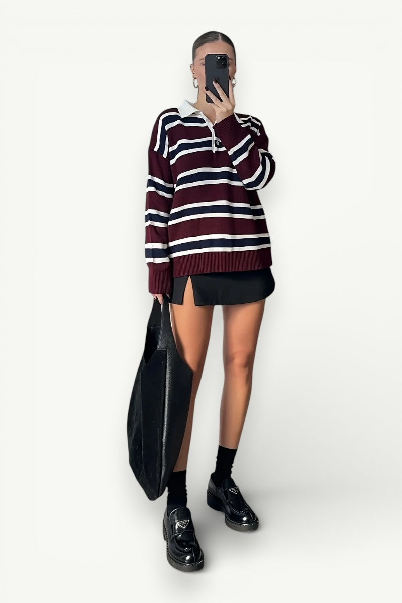Retro Color-Block Striped Polo Sweater