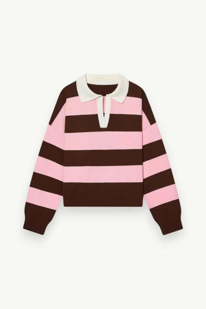 Wide Stripe Polo-Neck Knit Sweater