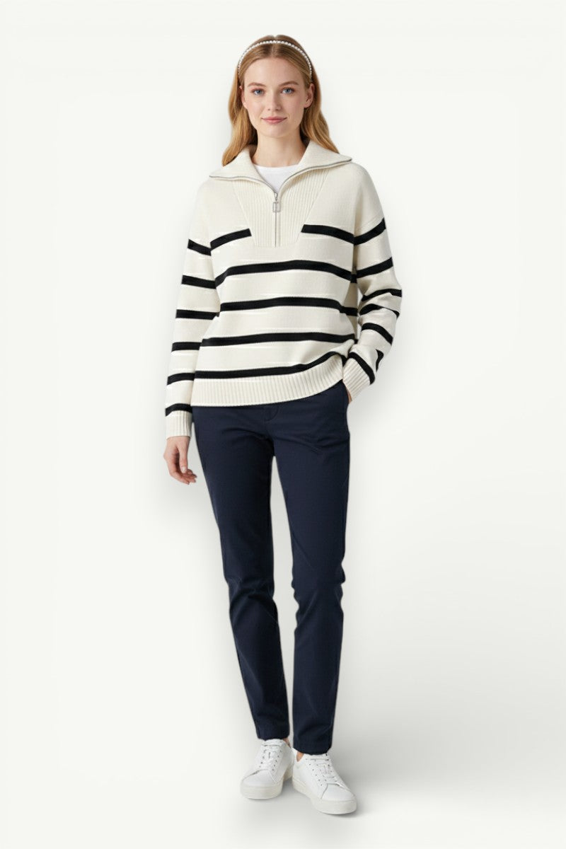 Striped Zip-Neck Knit Pullover